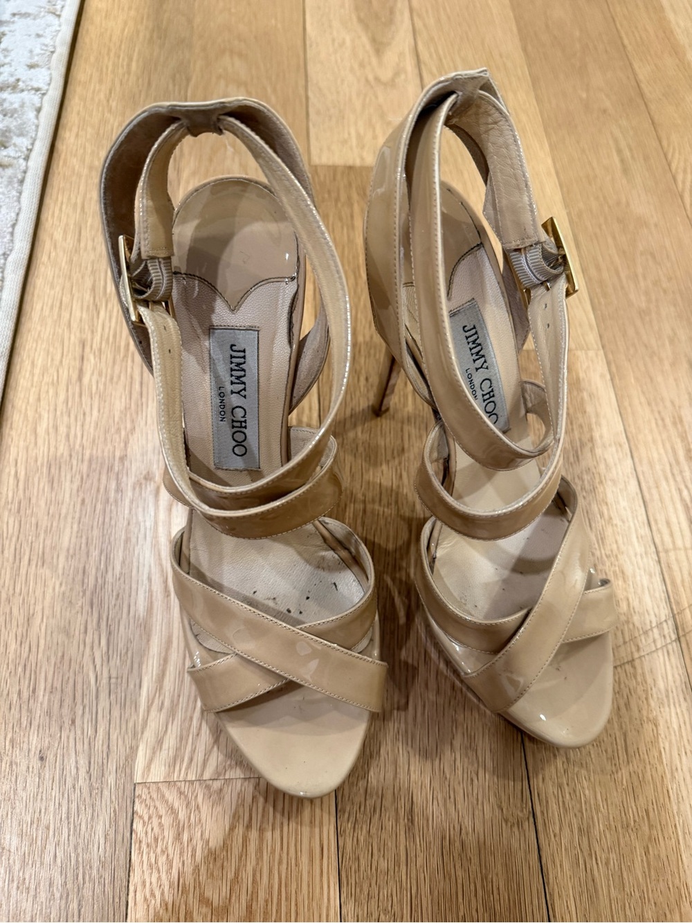 Jimmy Choo Beige Patent Leather Crisscross High Heel Sandals